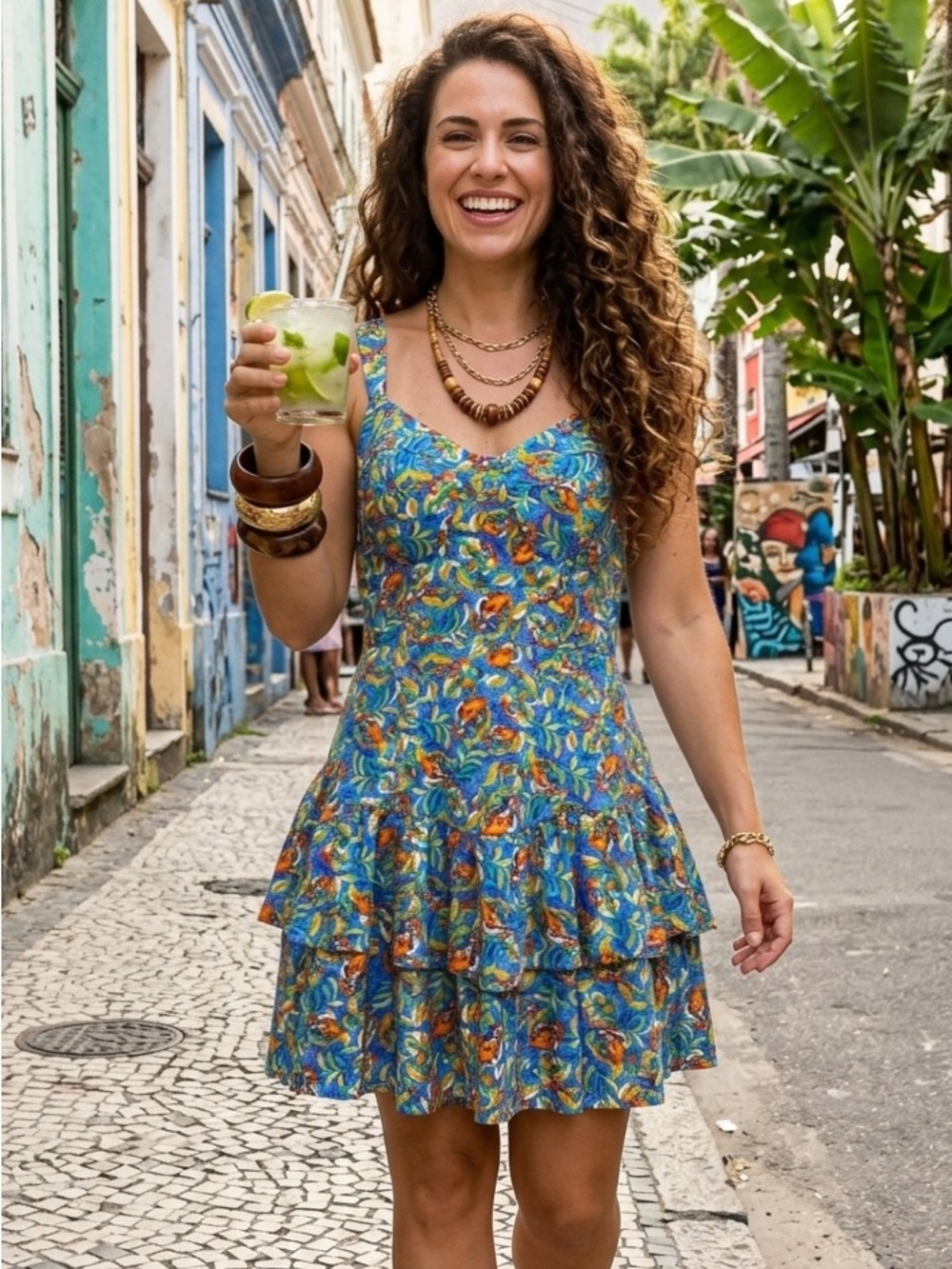 Blue Bright Tropical Print Ruffle Tiered Strappy Fit & Flare Mini Dress J 11/12